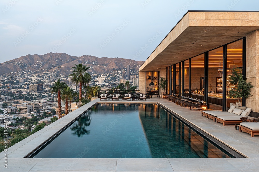 Fototapeta premium Luxurious Modern Poolside with Stunning Mountain Cityscape View