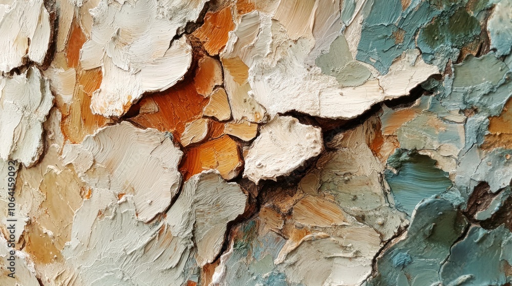 Close-up of a tree bark with peeling paint in various shades of blue, brown, white, and orange. Close-up of a tree bark with peeling paint in various shades of blue, brown, white, and orange.