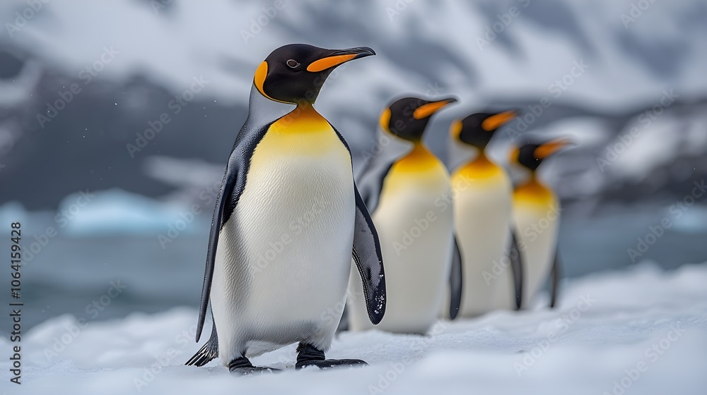 Fototapeta premium Penguins standing on the shore of a snow covered Antarctic island