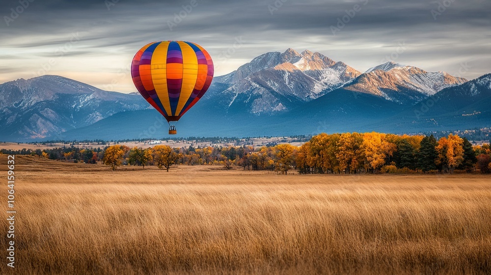 Obraz premium Hot air balloon above dry grass field and mountains