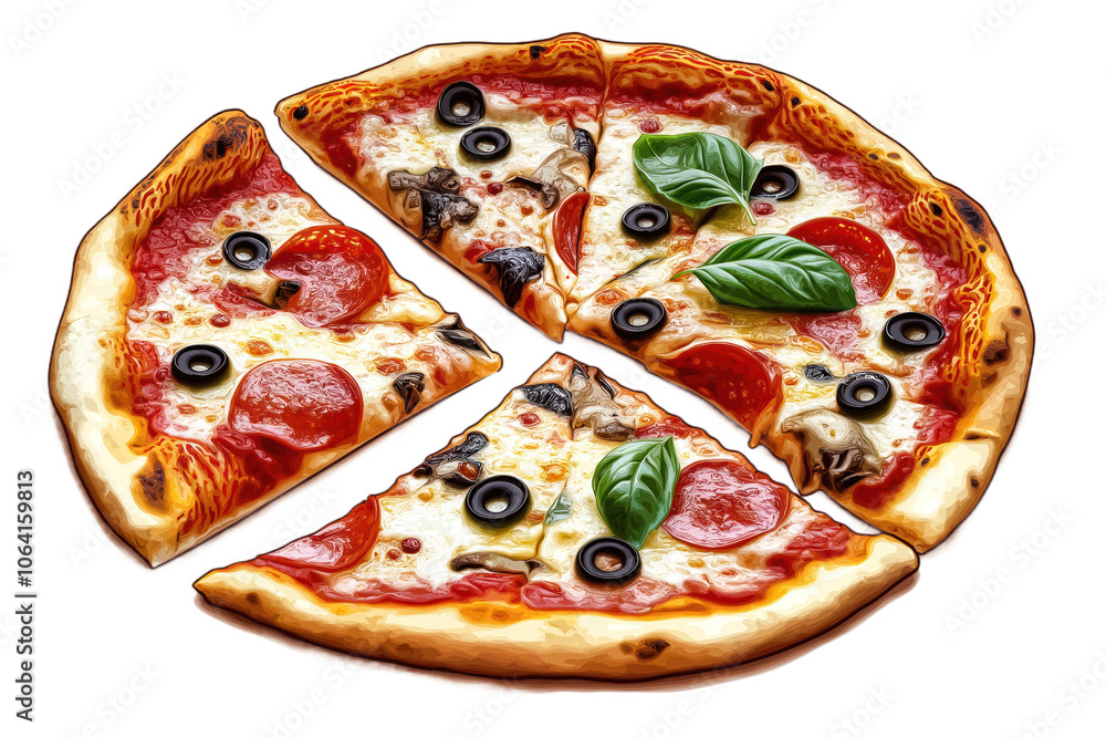 Pizza divided into four slices with different toppings. Red sauce, melted cheese, black olives, pepperoni, mushrooms, basil, sausage, Italian food, meal, dinner, snack, lunch, tasty, delicious, Pizza divided into four slices with different toppings. Red sauce, melted cheese, black olives, pepperoni, mushrooms, basil, sausage, Italian food, meal, dinner, snack, lunch, tasty, delicious,