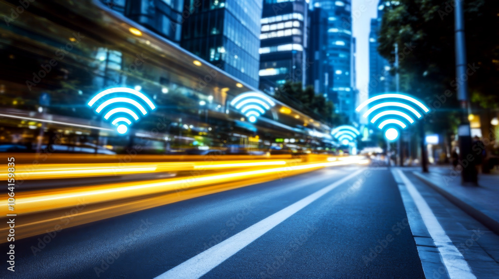 City street at night with blurred lights and Wi-Fi symbols above the road. Concept of connectivity and modern urban life. City street at night with blurred lights and Wi-Fi symbols above the road. Concept of connectivity and modern urban life.