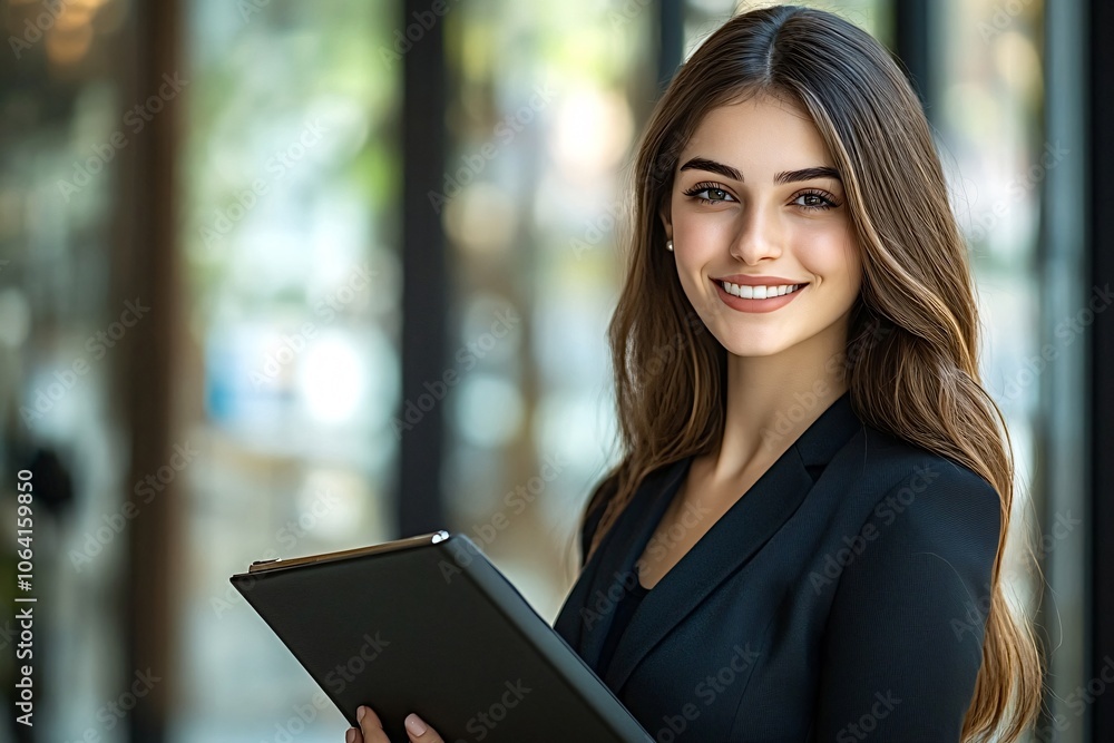 Young businesswoman is smiling while holding a tablet, standing in a bright, modern office building, conveying professionalism and success Young businesswoman is smiling while holding a tablet, standing in a bright, modern office building, conveying professionalism and success