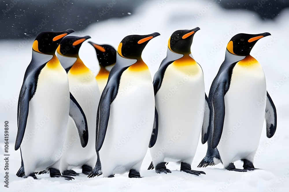 Fototapeta premium Penguins standing on the shore of a snow covered Antarctic island
