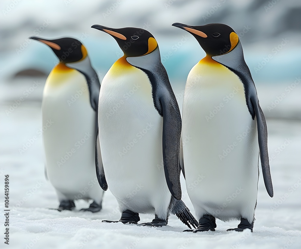 Fototapeta premium Penguins standing on the shore of a snow covered Antarctic island