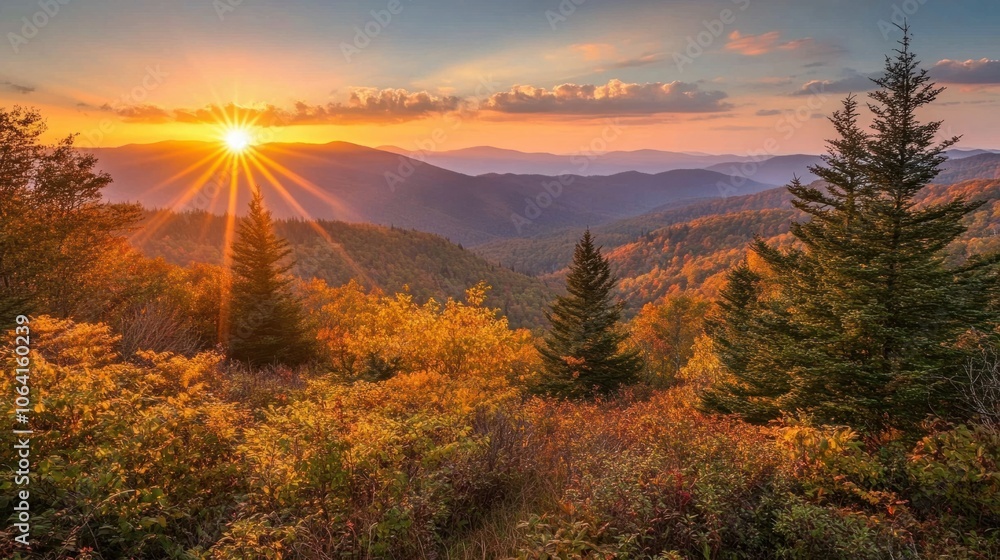 Golden rays shining through mountain trees at sunset, creating a peaceful, serene forest view Golden rays shining through mountain trees at sunset, creating a peaceful, serene forest view