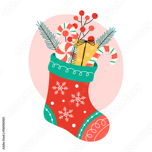Christmas stocking filled with candy, gift box and decorations. Cute Xmas illustration for December seasonal designs and greeting cards. Flat and doodle elements