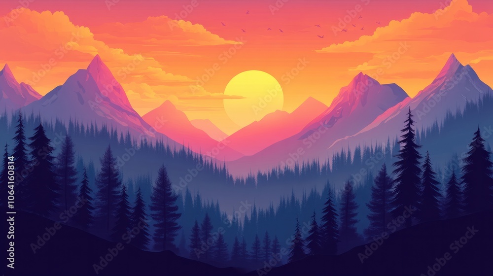 Obraz premium Mountain range and forest at sunset with orange and pink clouds creating a peaceful evening scene