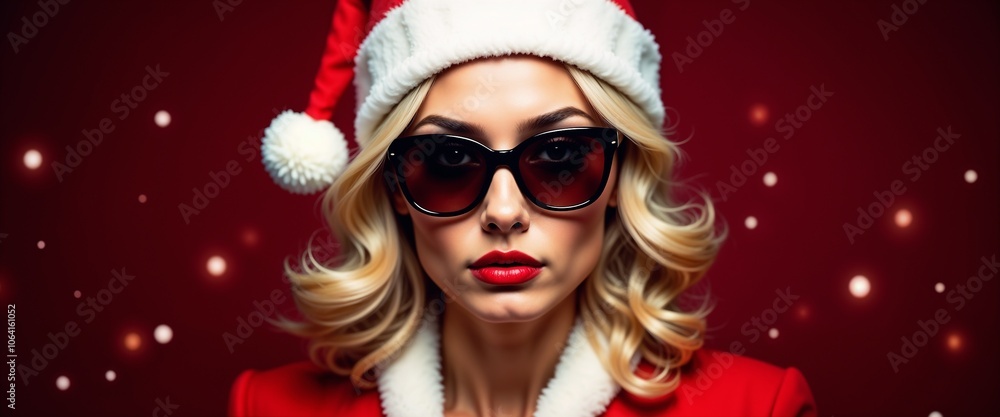 A fashionable woman wearing a red Santa hat and sunglasses poses confidently against a festive background with snowflakes, embodying the glamorous spirit of the Christmas season.
A fashionable woman wearing a red Santa hat and sunglasses poses confidently against a festive background with snowflakes, embodying the glamorous spirit of the Christmas season.