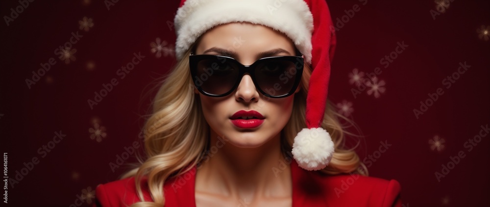 A fashionable woman wearing a red Santa hat and sunglasses poses confidently against a festive background with snowflakes, embodying the glamorous spirit of the Christmas season.
A fashionable woman wearing a red Santa hat and sunglasses poses confidently against a festive background with snowflakes, embodying the glamorous spirit of the Christmas season.