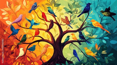 A vibrant tree with colorful leaves and branches, adorned with a diverse flock of birds, representing the beauty of nature and harmony.