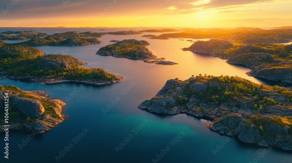 Obraz premium A beautiful ocean view with many islands and a few small ones. The water is blue and the sky is orange