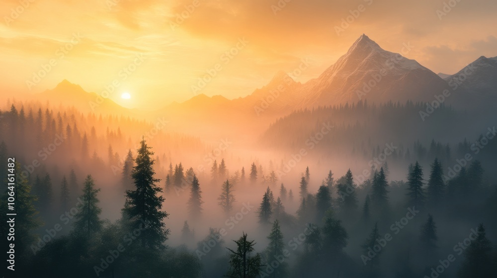 Obraz premium Sunset illuminating mist-covered mountains and trees, creating a tranquil evening view -