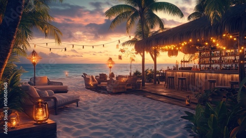 A beach bar with tiki torches and string lights, a wooden counter, stools, and lounge chairs, at sunset.