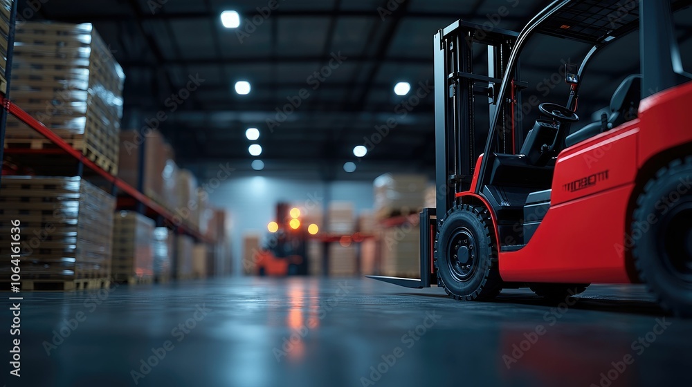 A red forklift is parked in a warehouse with stacked boxes on shelves in the background. A red forklift is parked in a warehouse with stacked boxes on shelves in the background.