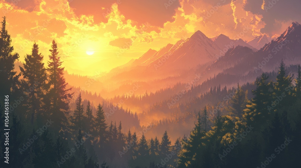 Sunset over forested mountain landscape, with warm golden light filtering through the trees Sunset over forested mountain landscape, with warm golden light filtering through the trees