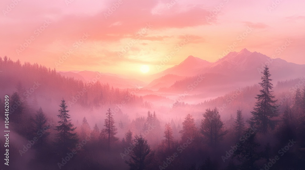 Obraz premium Sunset over misty forested mountains, with soft pink and orange tones blending into the horizon