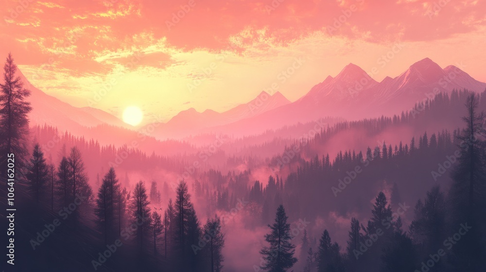Sunset over misty forested mountains, with soft pink and orange tones blending into the horizon Sunset over misty forested mountains, with soft pink and orange tones blending into the horizon