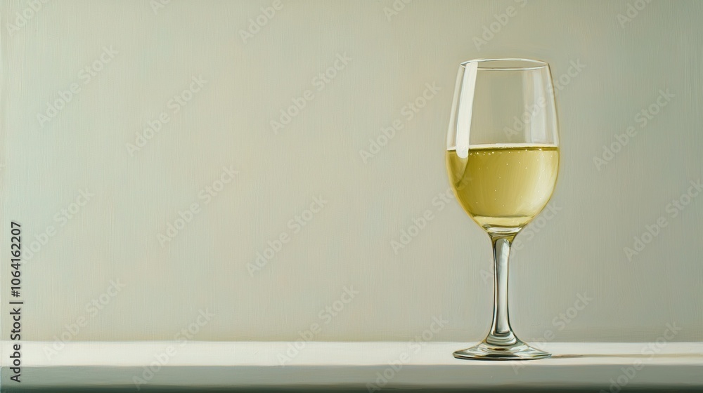 A glass of white wine rests atop a table adjacent to a portrait of a person's face A glass of white wine rests atop a table adjacent to a portrait of a person's face