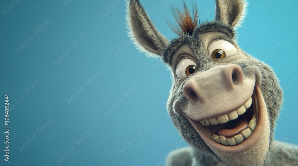 A cartoon donkey with a big smile and wide eyes looks directly at the camera. A cartoon donkey with a big smile and wide eyes looks directly at the camera.