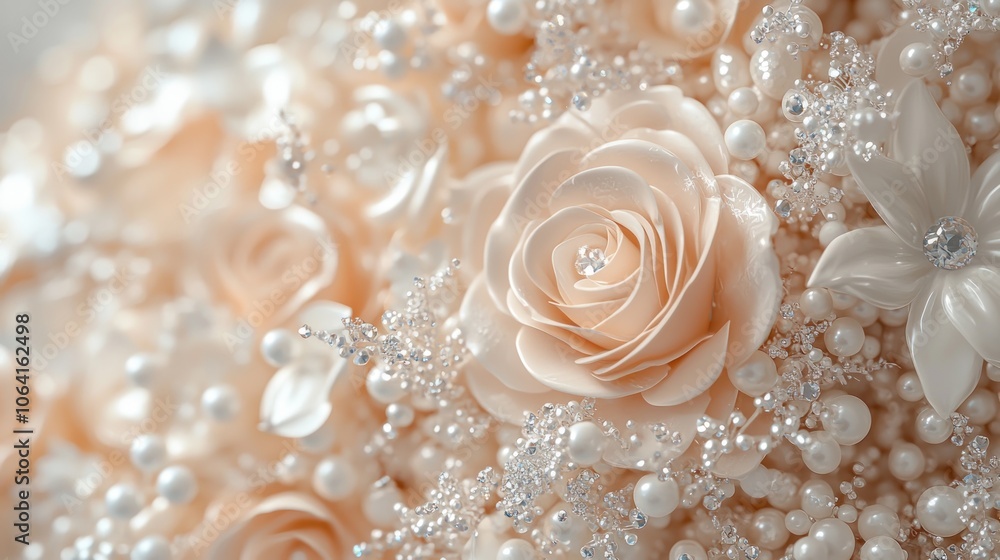Close-up of a delicate white rose in a bridal bouquet, surrounded by pearls and rhinestones. Close-up of a delicate white rose in a bridal bouquet, surrounded by pearls and rhinestones.