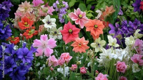 A colorful garden with many different types of flowers. Some of the flowers are pink and orange. There are also some green leaves