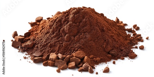 Close-up of dark brown cocoa powder pile on white background. Cocoa powder speckled with small white specks, texture, color visible. Slightly elevated angle, contrasting white background highlights