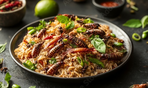 A plate of brown food with insects on it