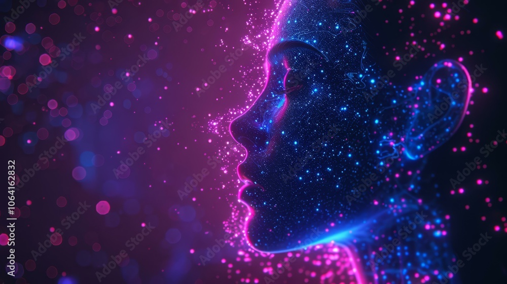 Naklejka premium Abstract representation of female face illuminated by vibrant cosmic particles, colorful nebula effects, exploring themes of artificial intelligence, technology, and digital creativity.