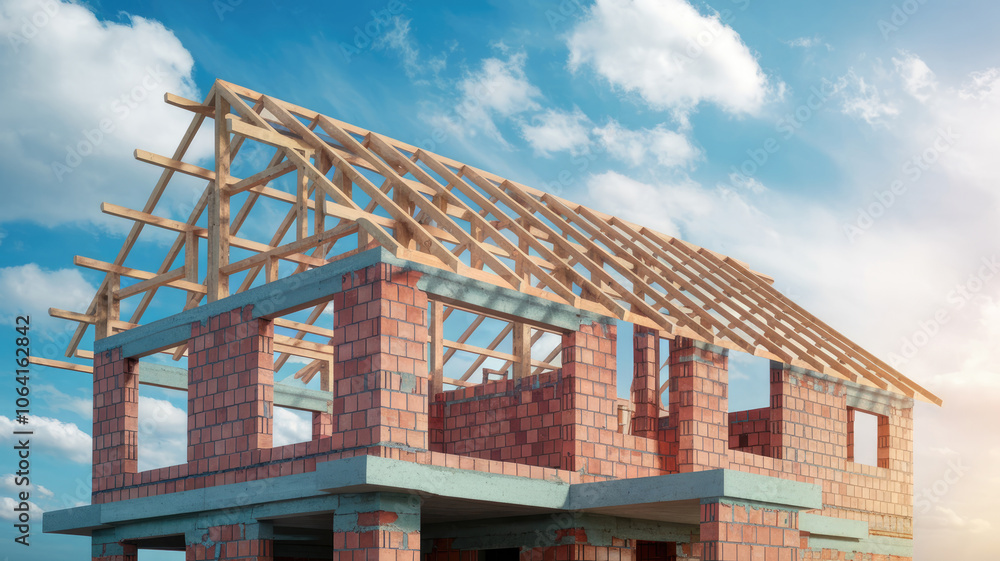 A house under construction with a wooden roof. The house is made of bricks and has a slanted roof. The sky is blue and there are clouds in the background A house under construction with a wooden roof. The house is made of bricks and has a slanted roof. The sky is blue and there are clouds in the background