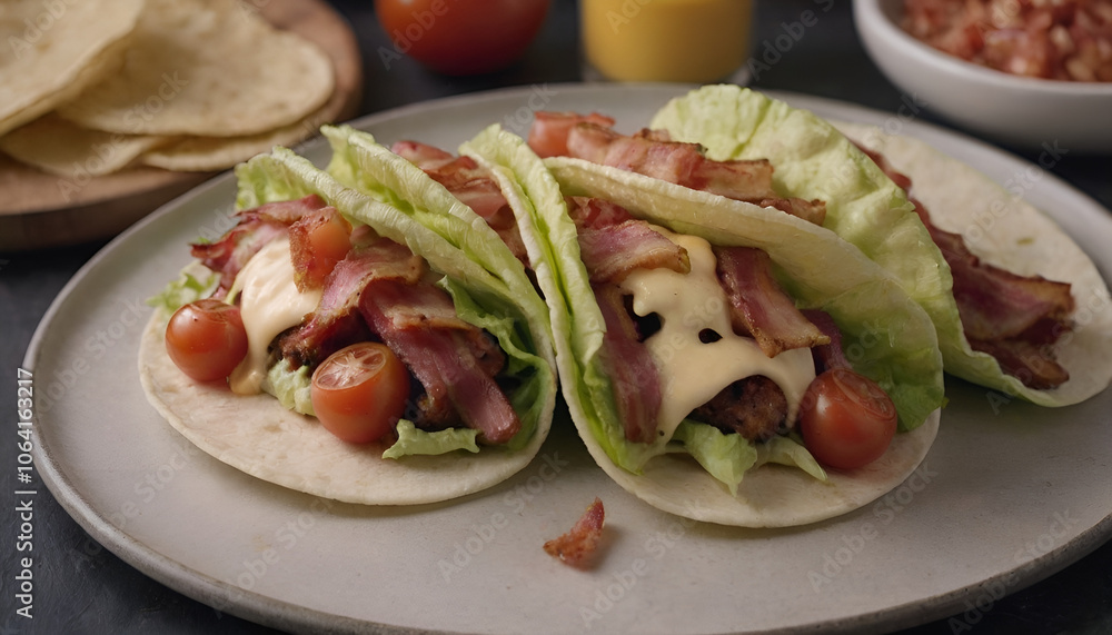 blt (bacon, lettuce, tomato) tacos with cheese on a plate blt (bacon, lettuce, tomato) tacos with cheese on a plate