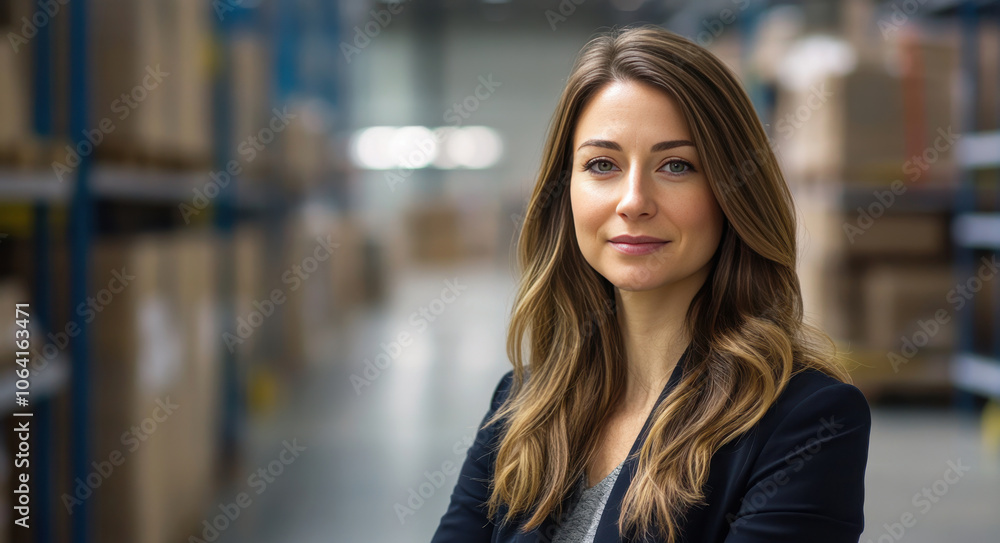 Confident Businesswoman in Warehouse Setting, Showcasing Leadership and Professionalism Confident Businesswoman in Warehouse Setting, Showcasing Leadership and Professionalism