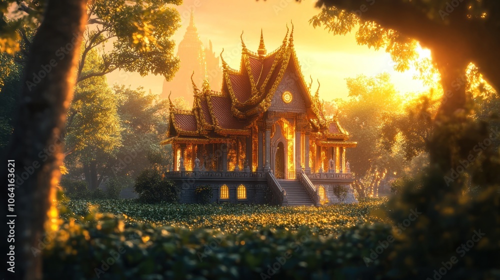 A golden temple with intricate details stands in a lush green garden, bathed in the warm glow of the setting sun. A golden temple with intricate details stands in a lush green garden, bathed in the warm glow of the setting sun.
