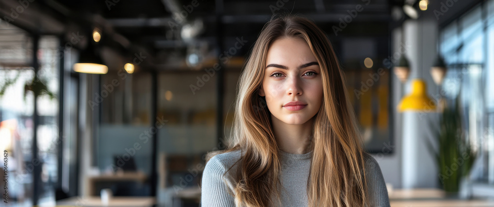 Confident Young Woman in Modern Office Setting with Stylish Decor Confident Young Woman in Modern Office Setting with Stylish Decor