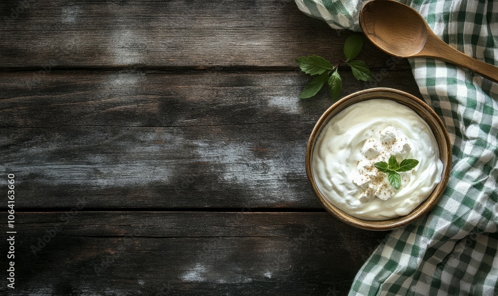 A rustic wooden table features a bowl filled with creamy Greek yogurt alongside a wooden spoon, complemented by a green-and-white checkered cloth for a homey touch A rustic wooden table features a bowl filled with creamy Greek yogurt alongside a wooden spoon, complemented by a green-and-white checkered cloth for a homey touch