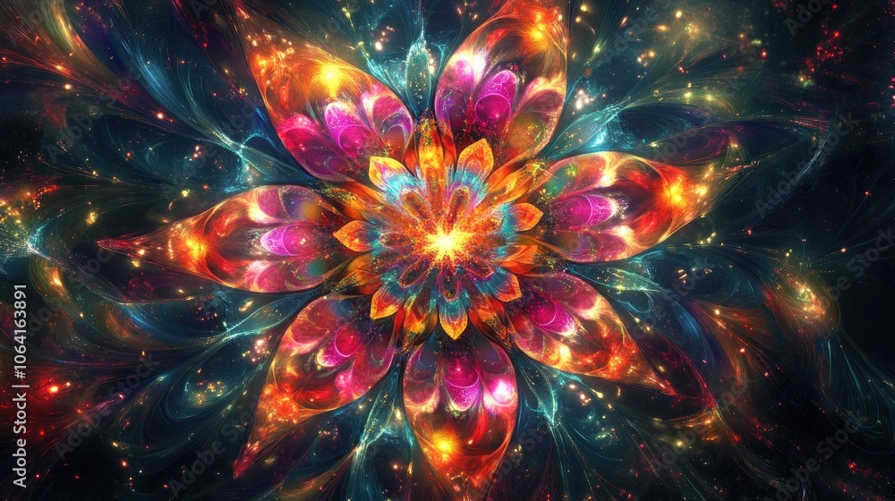 Abstract colorful glowing flower with fractal pattern and sparkles. Abstract colorful glowing flower with fractal pattern and sparkles.