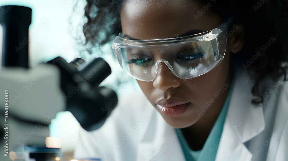 Close-up of a Woman Wearing Safety Glasses and a Lab Coat, Looking at a Microscope Close-up of a Woman Wearing Safety Glasses and a Lab Coat, Looking at a Microscope