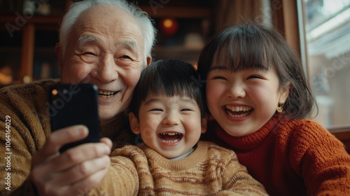 relationship and childhood concept picture of a relaxing happy Asian family selfie together at home party.