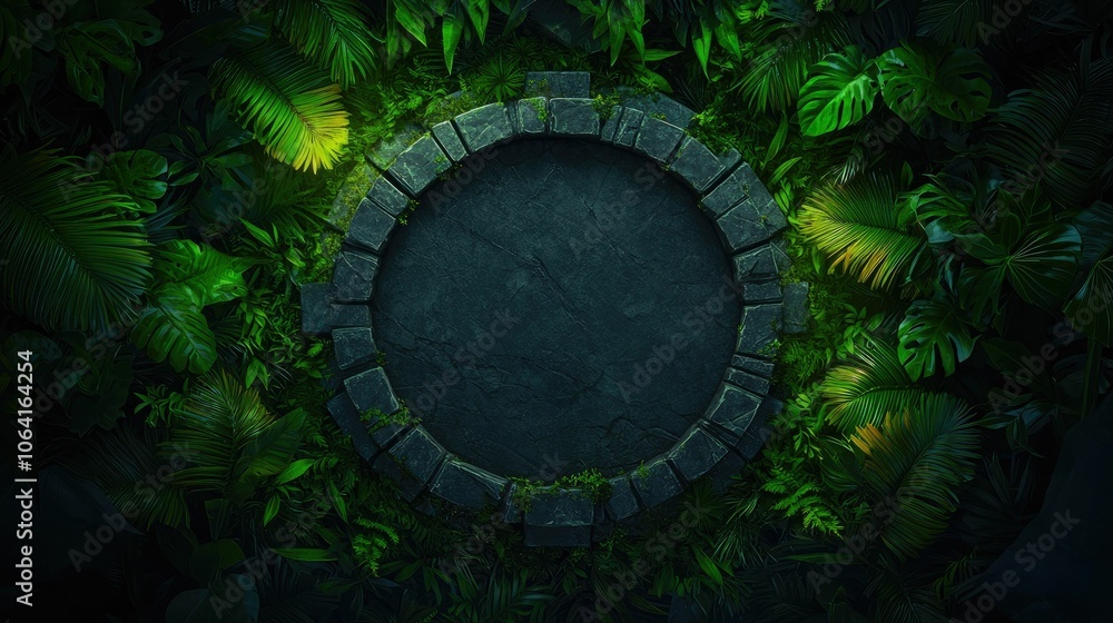 Fototapeta premium A circular stone frame surrounded by lush green tropical foliage.