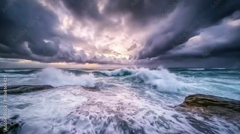 Dramatic stormy seascape with crashing waves, moody sky and sunlight breaking through dark clouds. Dramatic stormy seascape with crashing waves, moody sky and sunlight breaking through dark clouds.