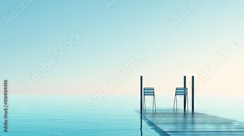  Two chairs sit on a dock amidst a serene body of water against a backdrop of stunning blue sky