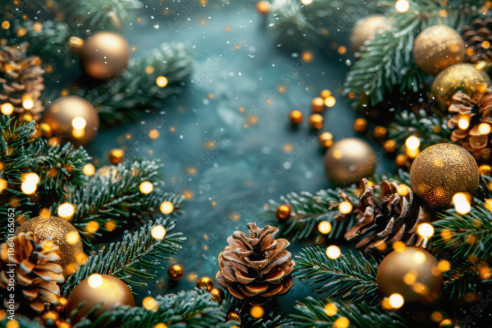 Christmas background with gold ornaments and pinecones, plus ample white space Christmas background with gold ornaments and pinecones, plus ample white space