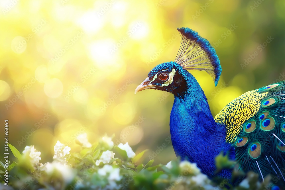 Fototapeta premium a beautiful colorful peacock on a green, slightly blurred meadow in the background, generative AI