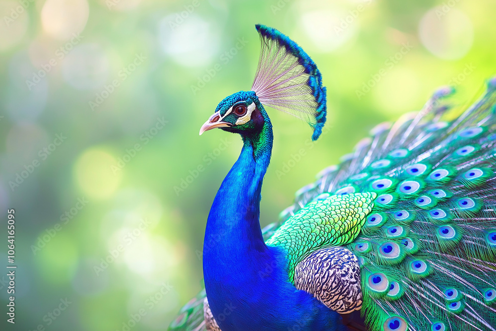 Fototapeta premium beautiful male peacock with a spread colorful tail of beautiful colorful peacock feathers against the background of green nature, generative AI