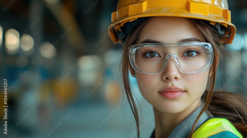 A young woman wearing a yellow hard hat and safety glasses looks confidently at the camera in a construction site. A young woman wearing a yellow hard hat and safety glasses looks confidently at the camera in a construction site.