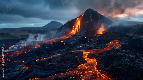 Hot lava is erupting from the volcano in Iceland. 