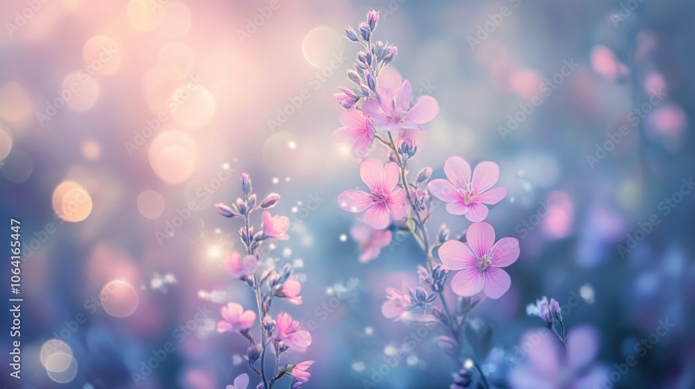 Soft pink flowers bloom in a field of light with bokeh and sparkles. Soft pink flowers bloom in a field of light with bokeh and sparkles.