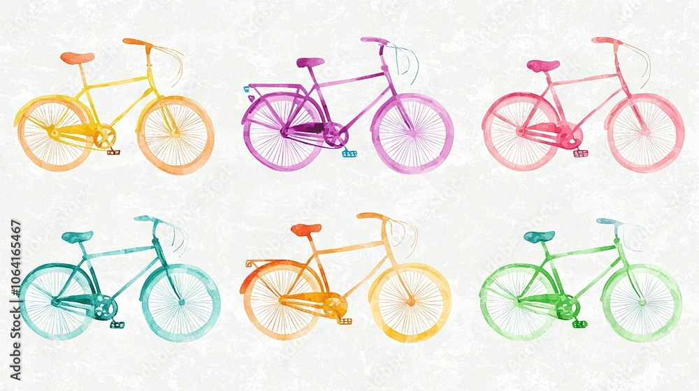 Four distinctly-colored bicycles on a white canvas backdrop, with grunge accents applied to their front and rear sections Four distinctly-colored bicycles on a white canvas backdrop, with grunge accents applied to their front and rear sections