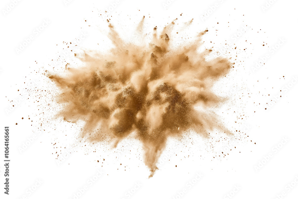 Brown powder explosion with dust and debris cloud. Central explosion creates drama and intensity. Flat 2D style with focus on explosion and surrounding dust. Transparent isolated background alpha mask Brown powder explosion with dust and debris cloud. Central explosion creates drama and intensity. Flat 2D style with focus on explosion and surrounding dust. Transparent isolated background alpha mask