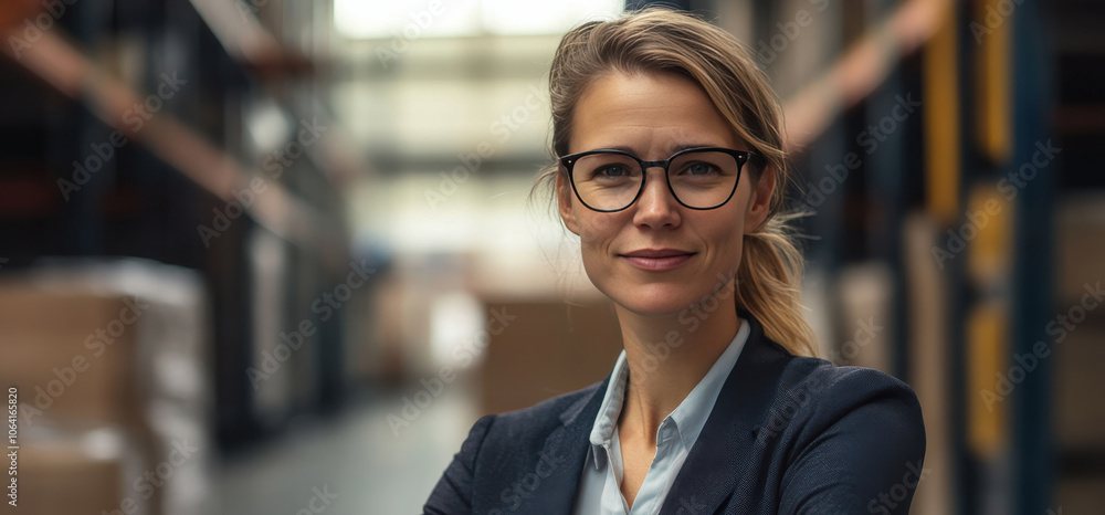 Confident Businesswoman in Warehouse Setting, Showcasing Leadership and Professionalism Confident Businesswoman in Warehouse Setting, Showcasing Leadership and Professionalism